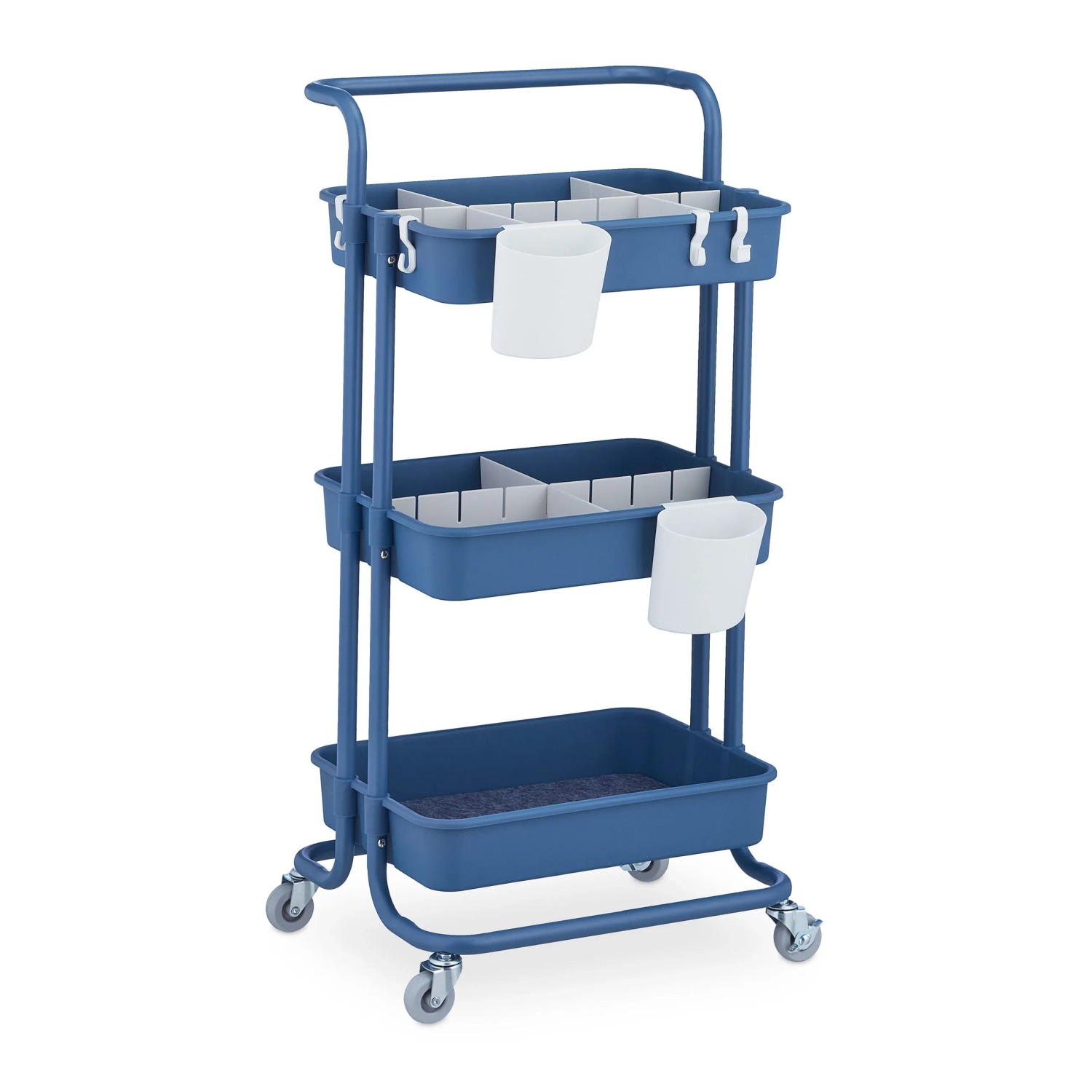 Relaxdays Rollwagen mit 3 Etagen Stahl Kunststoff Filz Blau Weiß Feststellbar 86 cm x 43 cm x 42 cm 3,3 kg