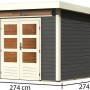Karibu Holz-Gartenhaus Kumla 6, terragrau, mit Pultdach und Maßangaben.