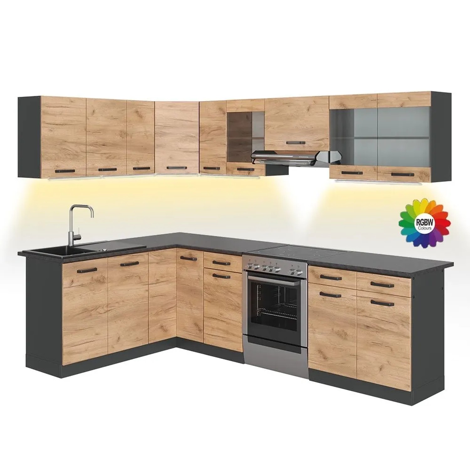 Vicco Eckküche R-Line Goldkraft Eiche/Anthrazit 267 x 82, AP Schwarz mit LED-Leisten