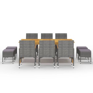 vidaXL 11-tlg. Garten-Essgruppe Grau mit Akazienholztisch, Rattan-Stühlen und Hockern.