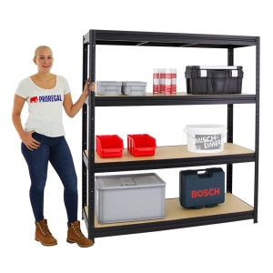 Schwarzes PROREGAL Schwerlastregal Dino 180x160x60 cm mit vier Regalböden und diversen Gegenständen.