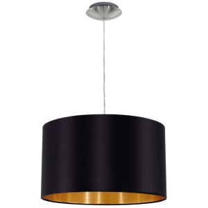 Eglo Pendelleuchte Maserlo, 1-flammig, schwarz mit Stoffschirm und goldener Innenseite.