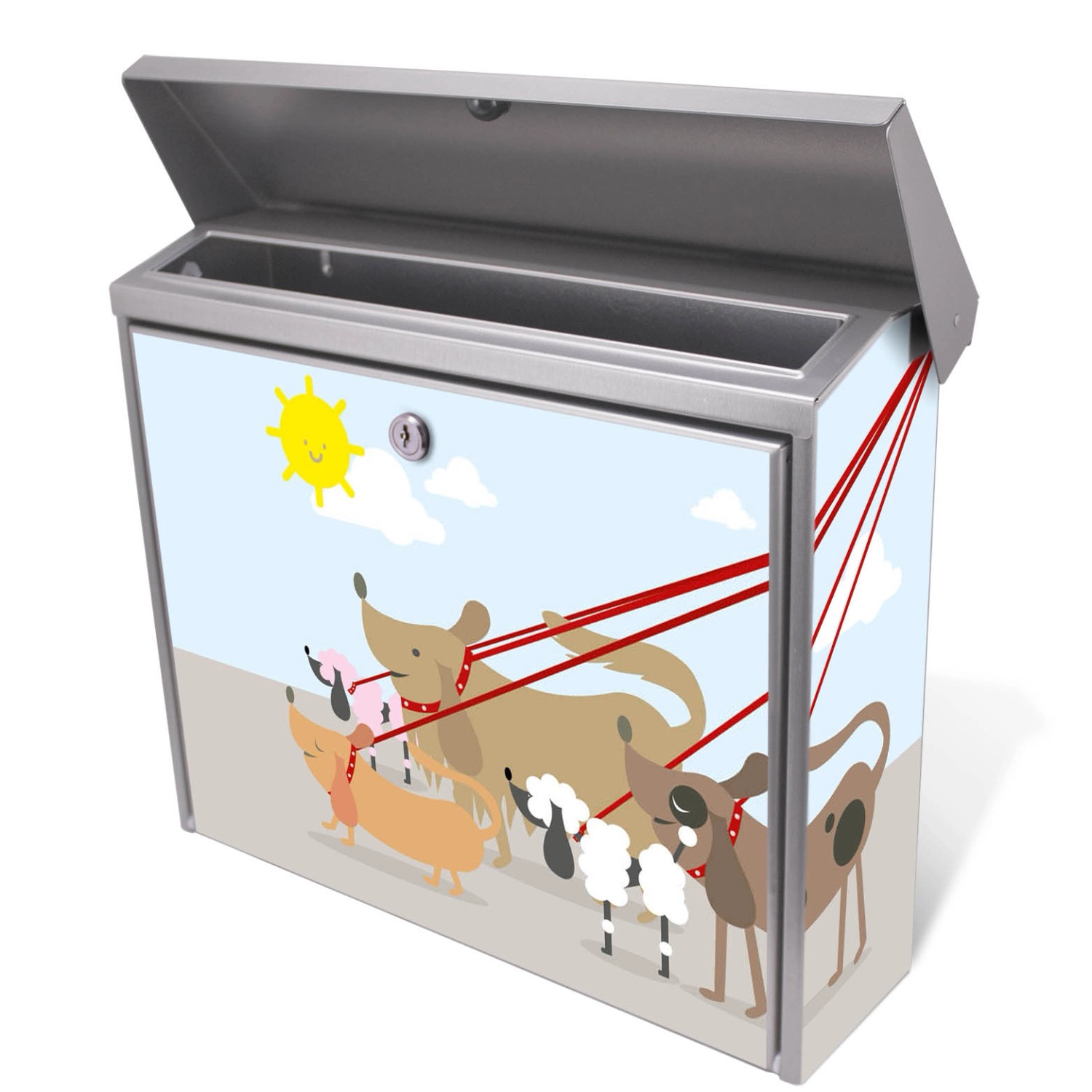 Banjado Edelstahl Briefkasten mit Hunde Motiv 'Gassi Gehen', 38.5x31.5x12cm.