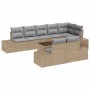 Beige-graues 9-teiliges Garten-Sofa-Set aus Poly Rattan mit Kissen.