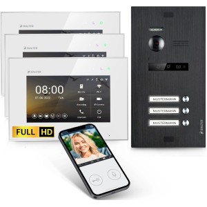 Balter EVO-HD Video-Türsprechanlage für 3-Familienhaus mit Monitoren und App-Steuerung.
