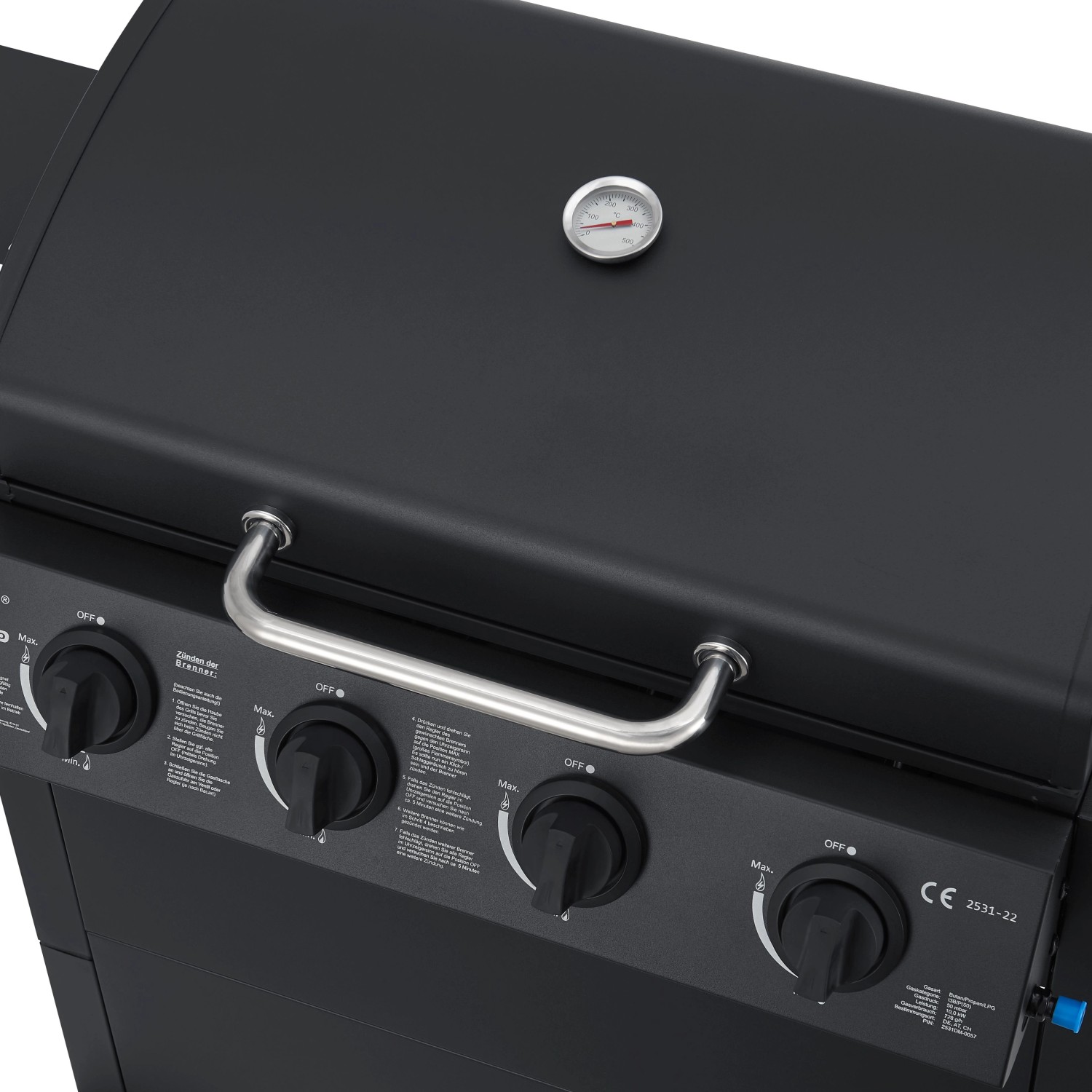 Schwarzer El Fuego Gasgrill San Jose mit 4 Brennern, Temperaturanzeige und Edelstahlgriffen.