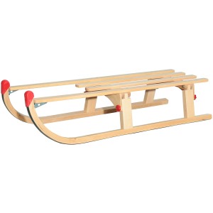 Rudisport Schlitten Davos, klappbar, 110 cm, aus Holz mit roten Kappen.
