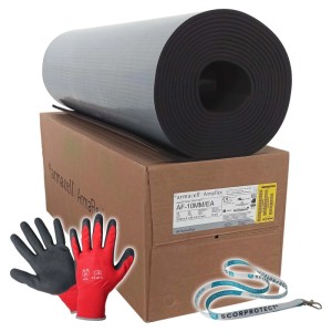 Armacell ArmaFlex AF Kautschuk Platte, 10mm, mit Zubehör (Handschuhe, Schlüsselband) auf Karton.