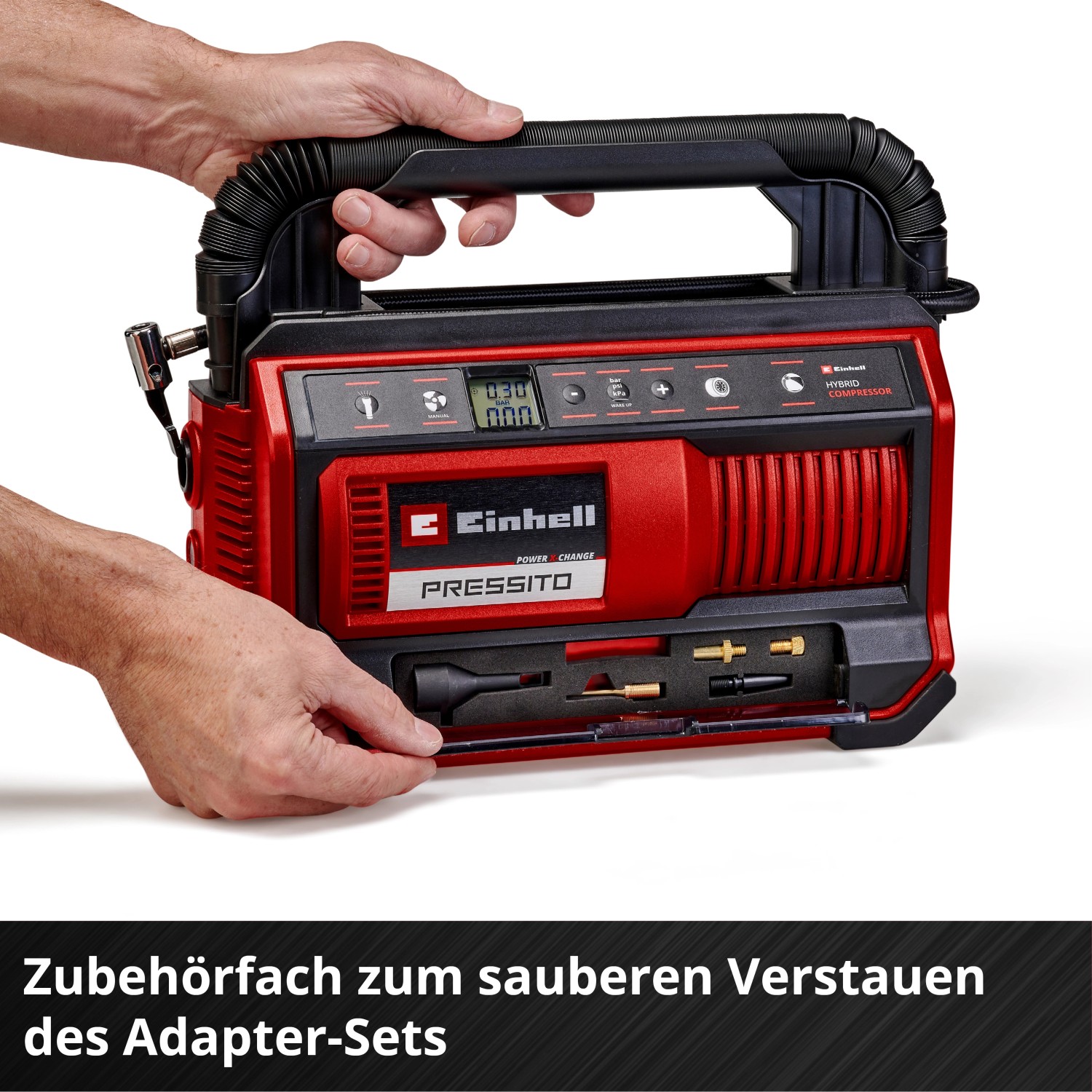Einhell Power X-Change Hybrid-Kompressor Pressito 18/25 mit Zubehörfach.