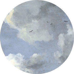 Runde Fototapete mit Himmel-Motiv (Ø 125cm), selbstklebend. Wolken und Vögel im Flug.