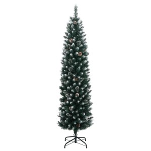 Schlanker künstlicher Weihnachtsbaum, 240 cm, grün mit Kunstschnee und Zapfen, auf schwarzem Ständer.