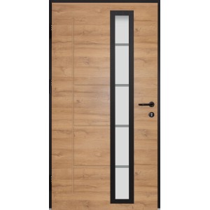 Splendoor Haustür ThermoSpace Paris Prime, Woodeffect Eiche natur mit Glaseinsatz und schwarzem Rahmen.