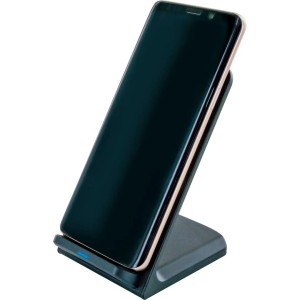 Schwarze Schwaiger Qi Ladestation mit Smartphone zum kabellosen Laden.