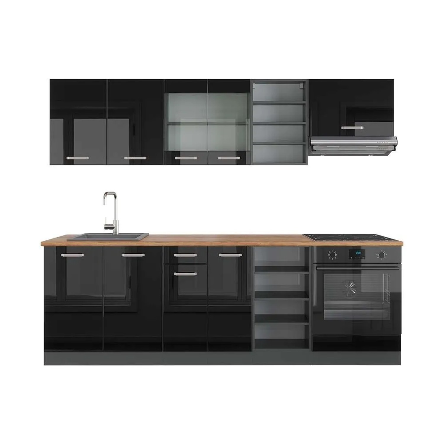 Vicco R-Line Küchenzeile Schwarz Hochglanz Anthrazit 240 cm AP Eiche ohne E-Geräte