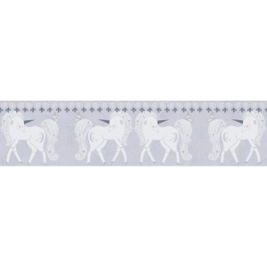 A.S. Creation Vlies-Bordüre mit Einhorn-Motiv in Grau, Rosa und Weiß für das Kinderzimmer.