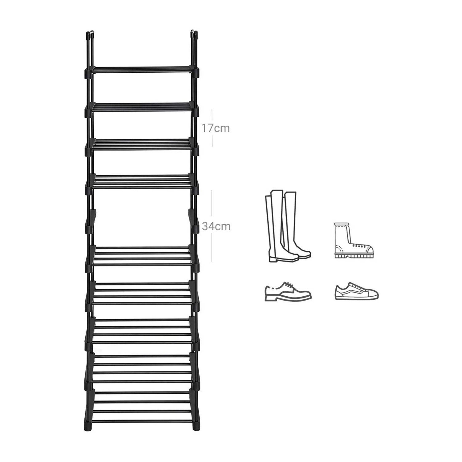 Schwarzes Songmics Schuhregal mit 10 Ebenen, ca. 30x45x174cm, für bis zu 20 Paar Schuhe.