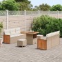 11-teiliges Gartensofa-Set in Beige/Creme aus Polyrattan mit Tisch und Hockern.