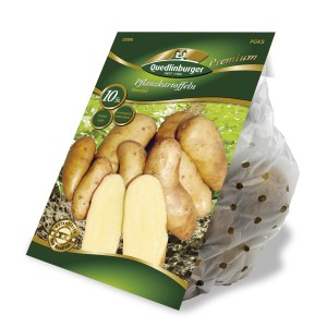 Quedlinburger Pflanzkartoffeln 'Mandel' im Kleinpack: Gelbe, längliche Kartoffeln, vorwiegend festkochend.