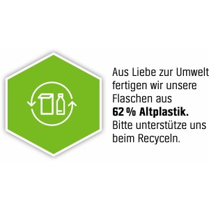 Hinweis: Flasche aus 62% wiederverwertetem Material. Bitte beim Recyceln unterstützen.