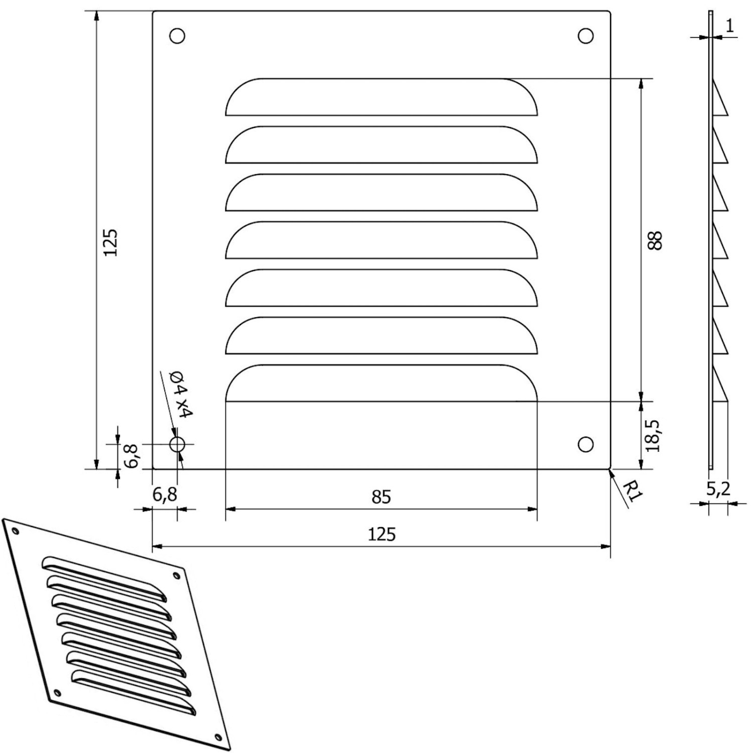 SOTECH Aluminium-Lüftungsgitter 125 x 125 mm Edelstahloptik Aufschraubbar mit Insektenschutz_7