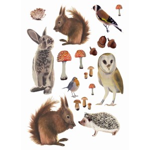 Wandtattoo Waldtiere (Hase, Eichhörnchen, Eule, Igel, Vögel, Pilze) braun, 47,5x66cm.