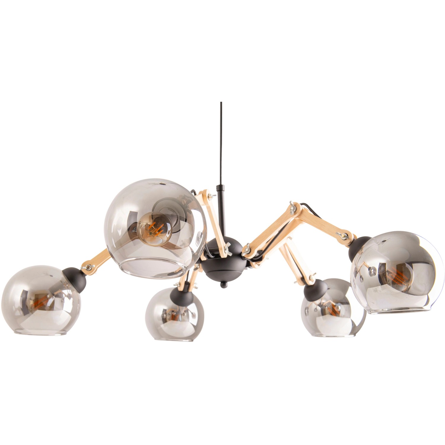 Näve Glas-Pendelleuchte Soito, 5-flammig, schwarz mit Holz und getönten Glasschirmen.