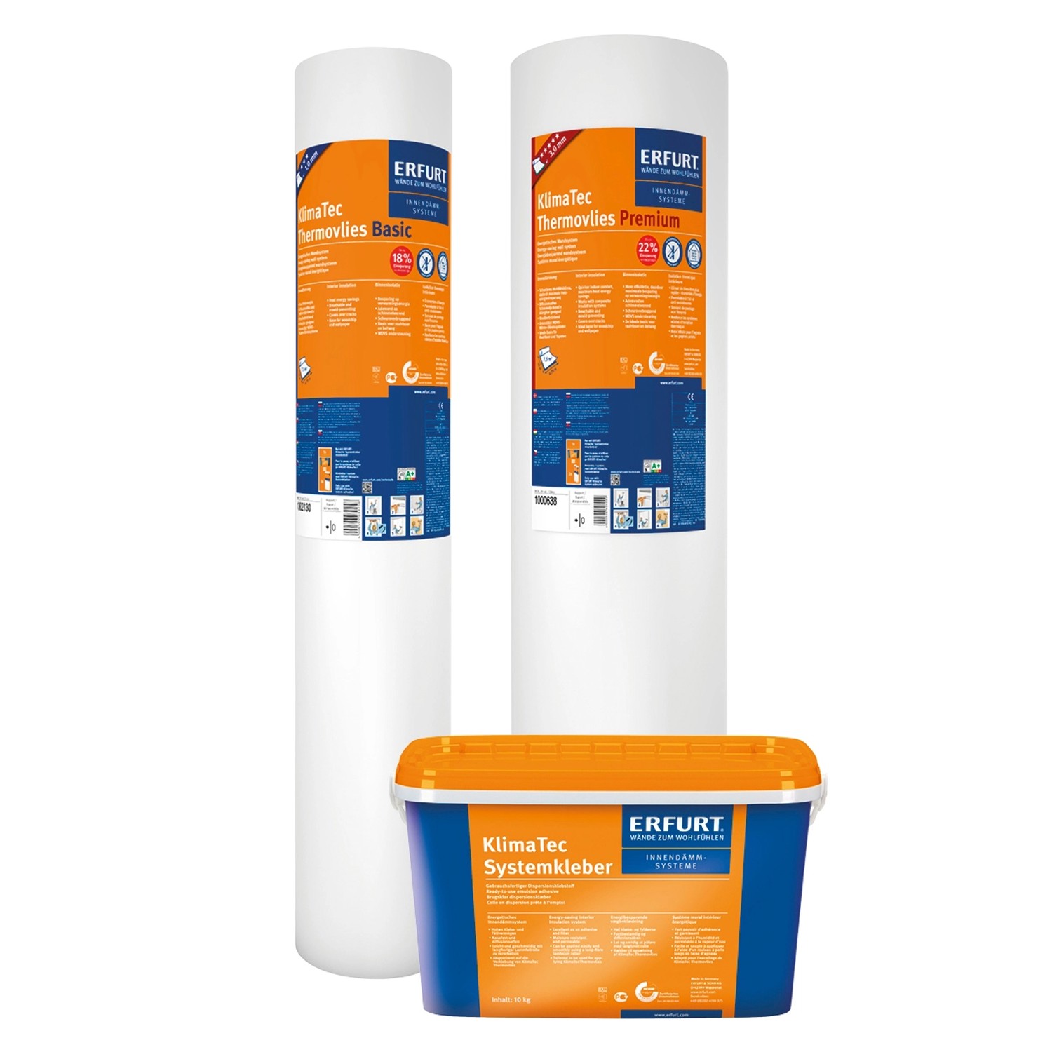 Erfurt KlimaTec Thermovlies Basic und Systemkleber für Wohnraumdämmung.