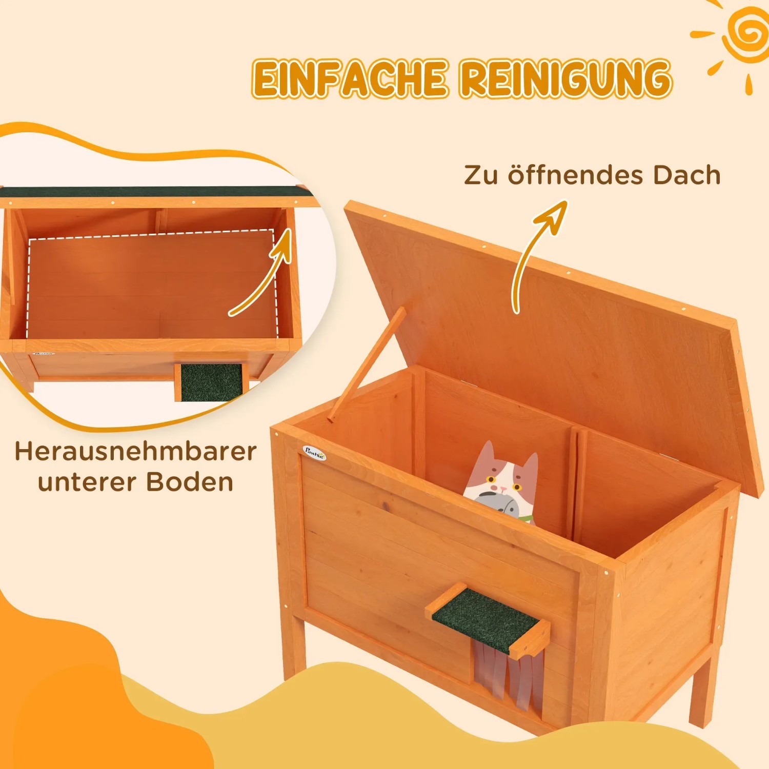 PawHut Katzenhaus aus Holz mit Türvorhang, Dach zum Öffnen und herausnehmbarem Boden für einfache Reinigung.