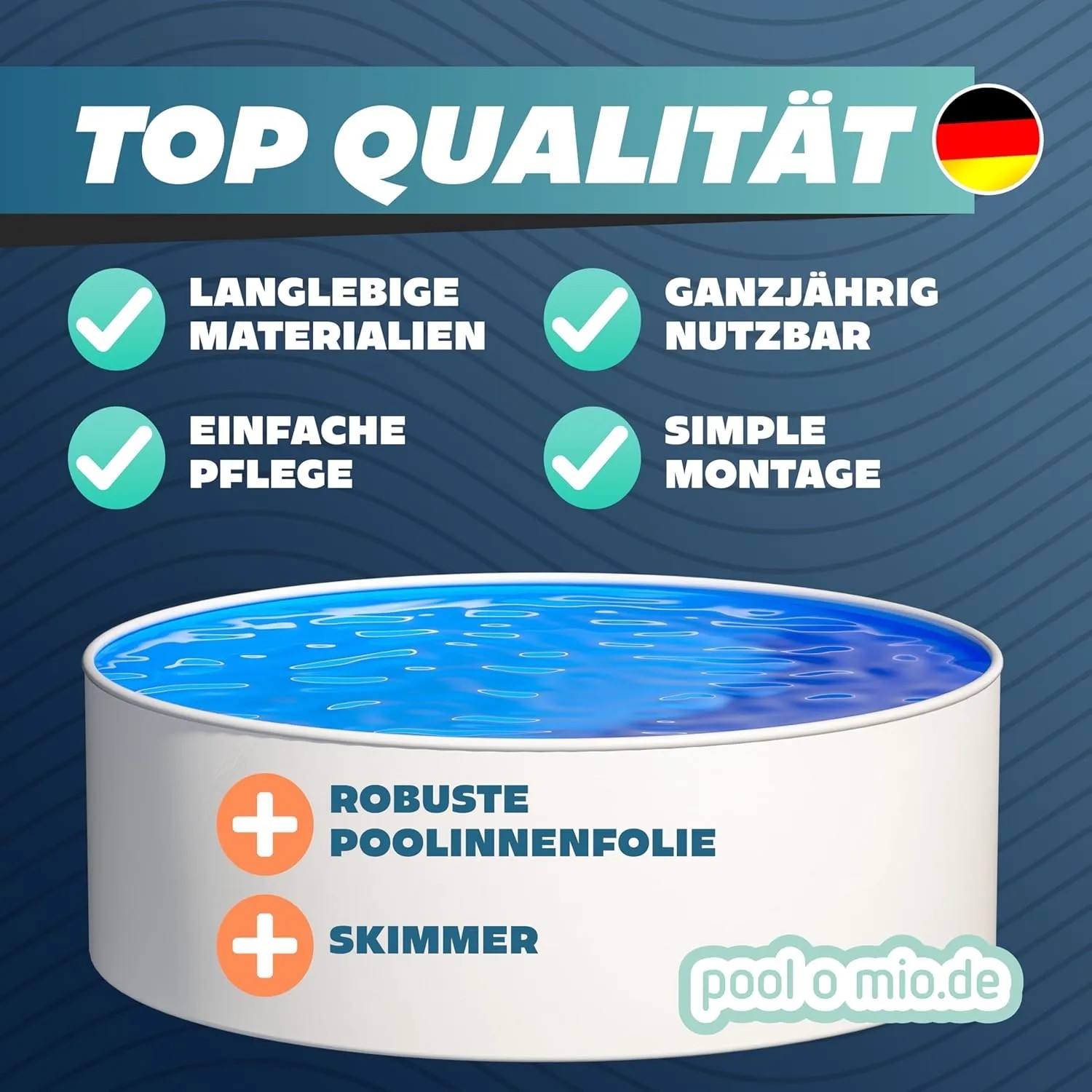 Weißer Poolomio Stahlwandpool, rund, gefüllt mit blauem Wasser. Zubehör inklusive.