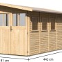 Karibu Holz-Gartenhaus Kristiansund mit Pultdach, unbehandelt, mit Maßangaben.