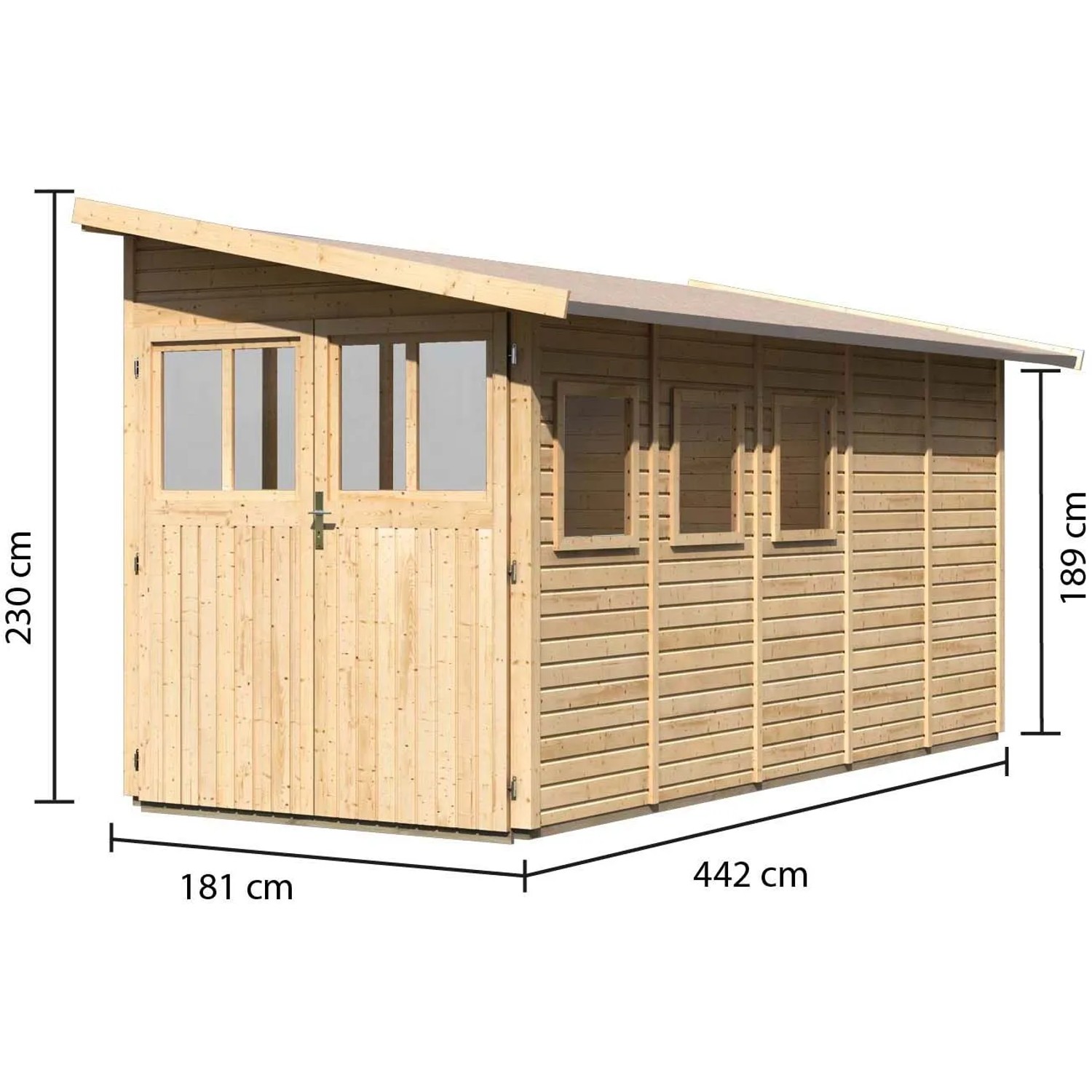 Karibu Holz-Gartenhaus Kristiansund mit Pultdach, unbehandelt, mit Maßangaben.