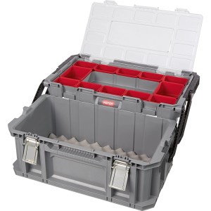 Geöffnete Keter Connect System Cantilever Werkzeugbox mit Fächern und Schaumstoffeinlage.