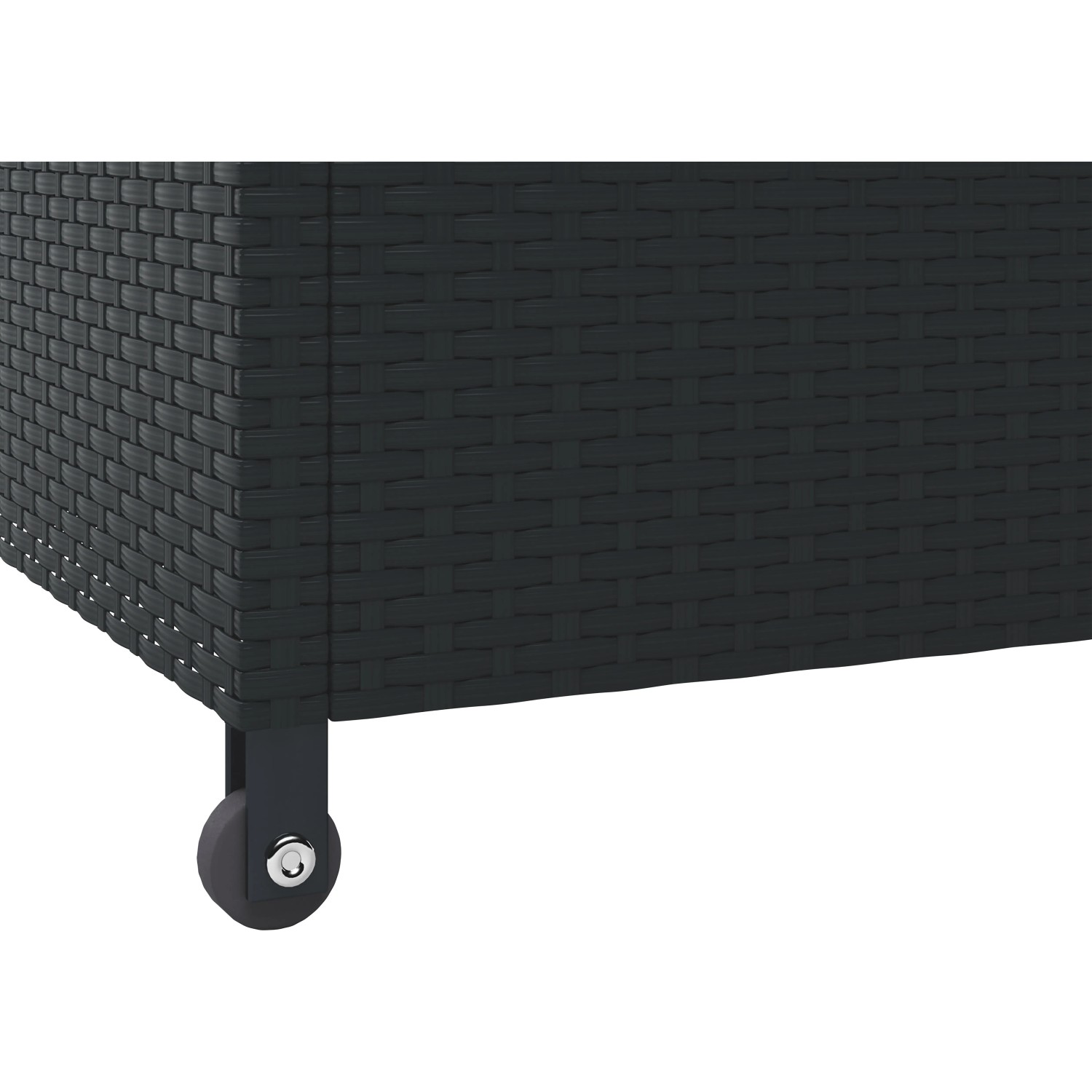 Detailaufnahme: Schwarze Auflagenbox Buntine (1100 l) aus Polyrattan mit Rollen.