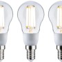 Drei Paulmann E14 LED Leuchtmittel in Tropfenform, 2,5 W, warmweißes Licht.