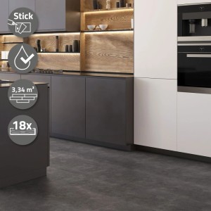 Selbstklebender Vinylboden in dunkler Betonoptik Grau, wasserdicht, für moderne Wohnbereiche.