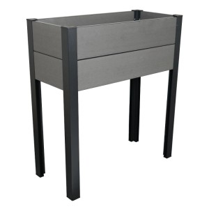 Grau-schwarzes WPC Balkonhochbeet mit Alu-Pfosten, 88x80x35 cm, für rückenschonendes Gärtnern.