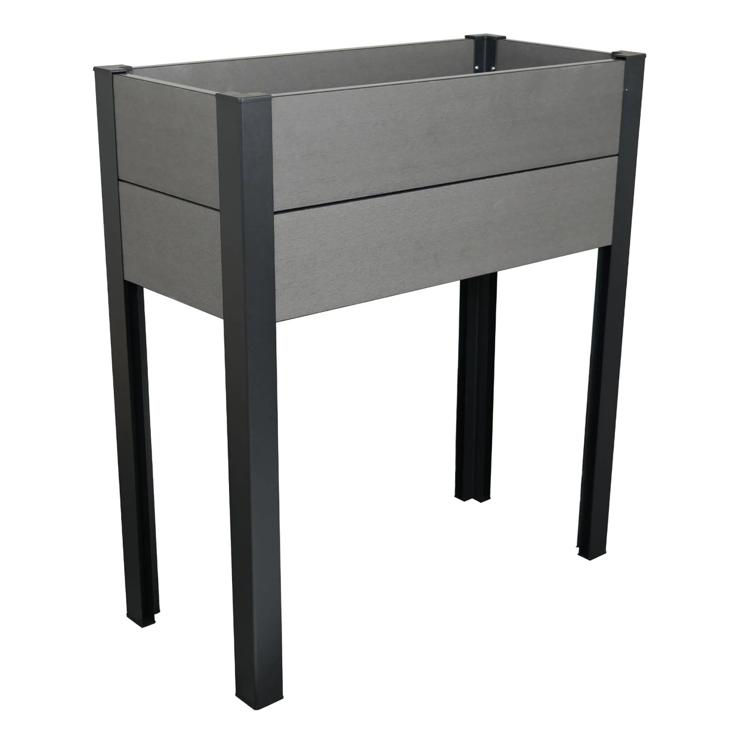 Grau-schwarzes WPC Balkonhochbeet mit Alu-Pfosten, 88x80x35 cm, für rückenschonendes Gärtnern.