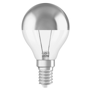 LED Leuchtmittel E14 P35 Tropfenform mit silberner Spiegelkuppe, dimmbar, warmweißes Licht.