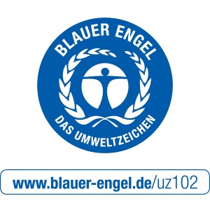 Blauer Engel Umweltzeichen für Alpina Raum-Weiß Wandfarbe, schadstoffarme Innenfarbe.