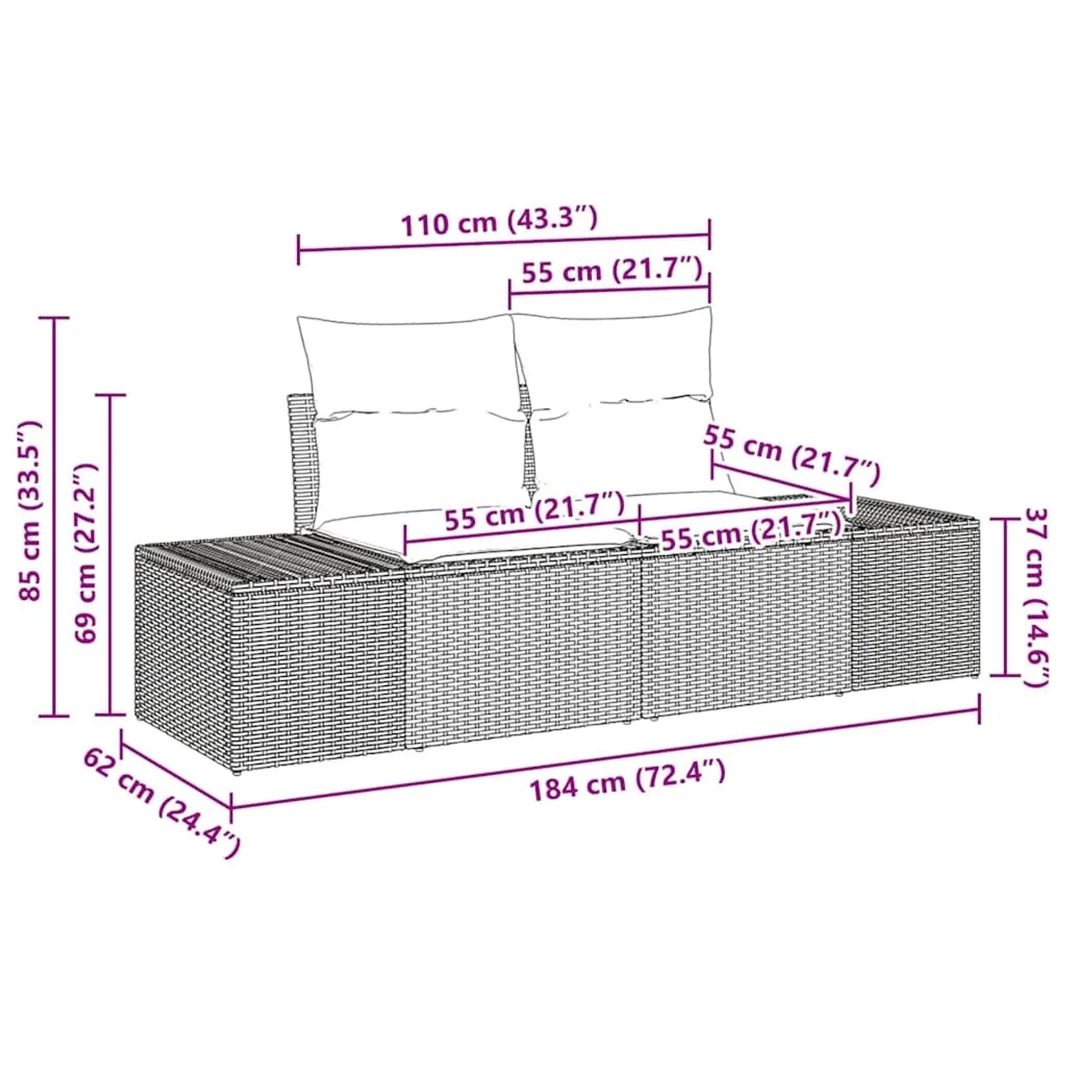 vidaXL Garten-Sofa-Set, 7-teilig, hellgraues Poly Rattan, mit Maßangaben.