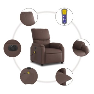 Elektrischer Massagesessel Modell 8 in Braun mit Fernbedienung und Details.