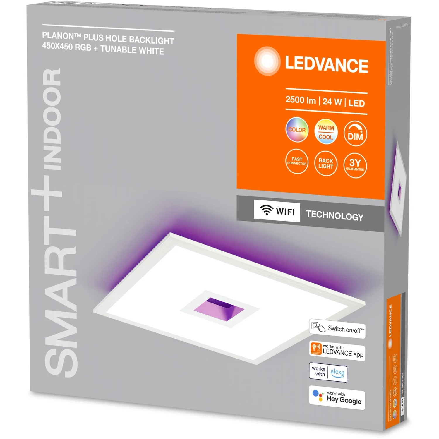 Verpackung der Ledvance Smart+ WiFi Panelleuchte Planon Plus mit RGBTW und Rücklicht, 45x45 cm.