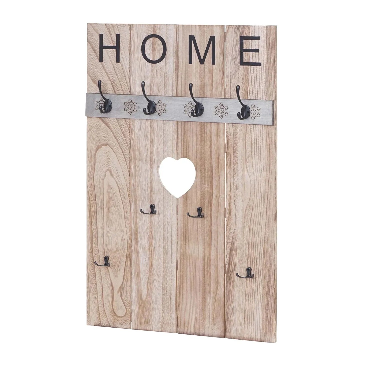 Wandgarderobe C89 im Shabby-Look mit 8 Haken und Herz-Ausschnitt aus Holz.