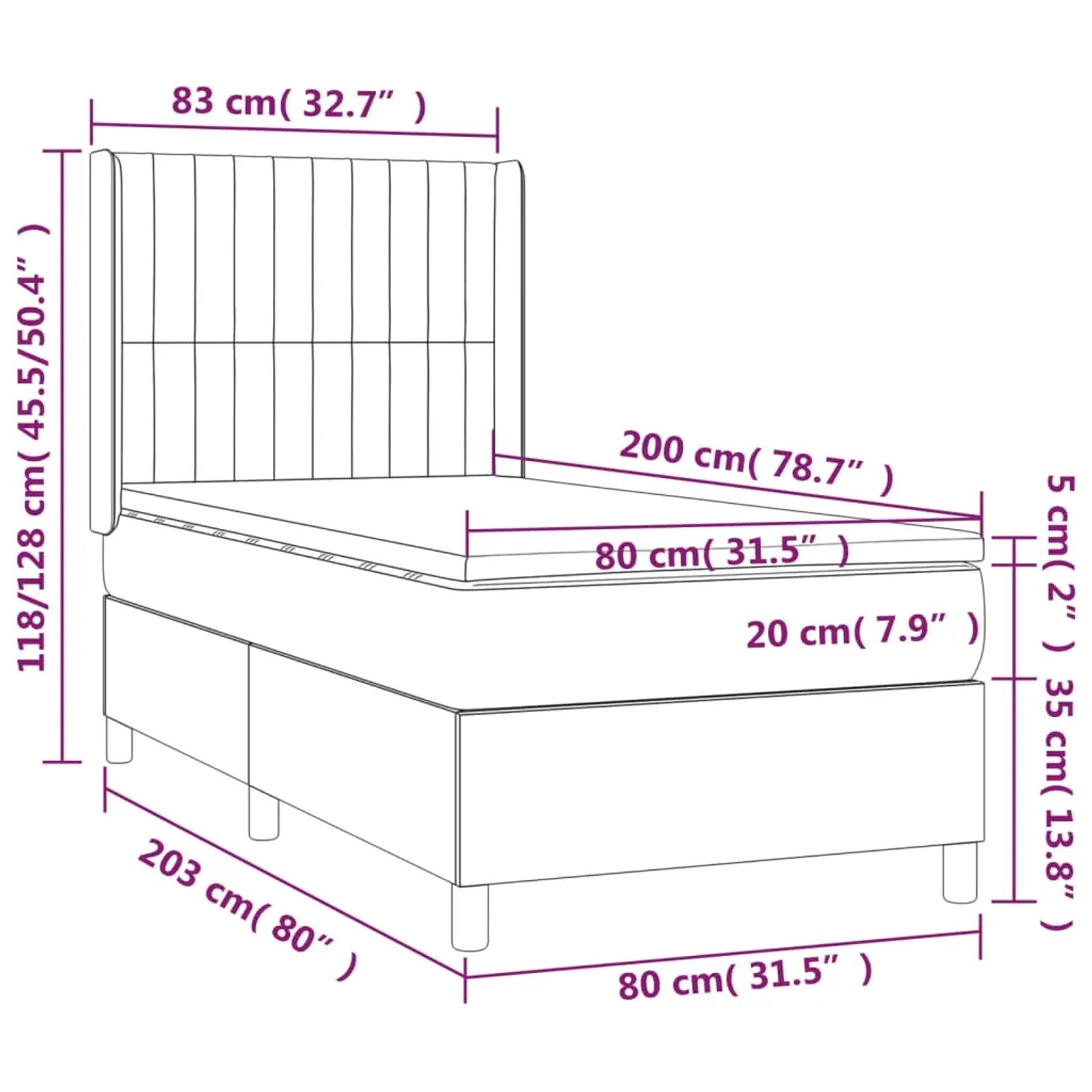 Skizze Boxspringbett dunkelgrau (80x200 cm) mit Matratze und Kopfteil, Maße eingezeichnet.
