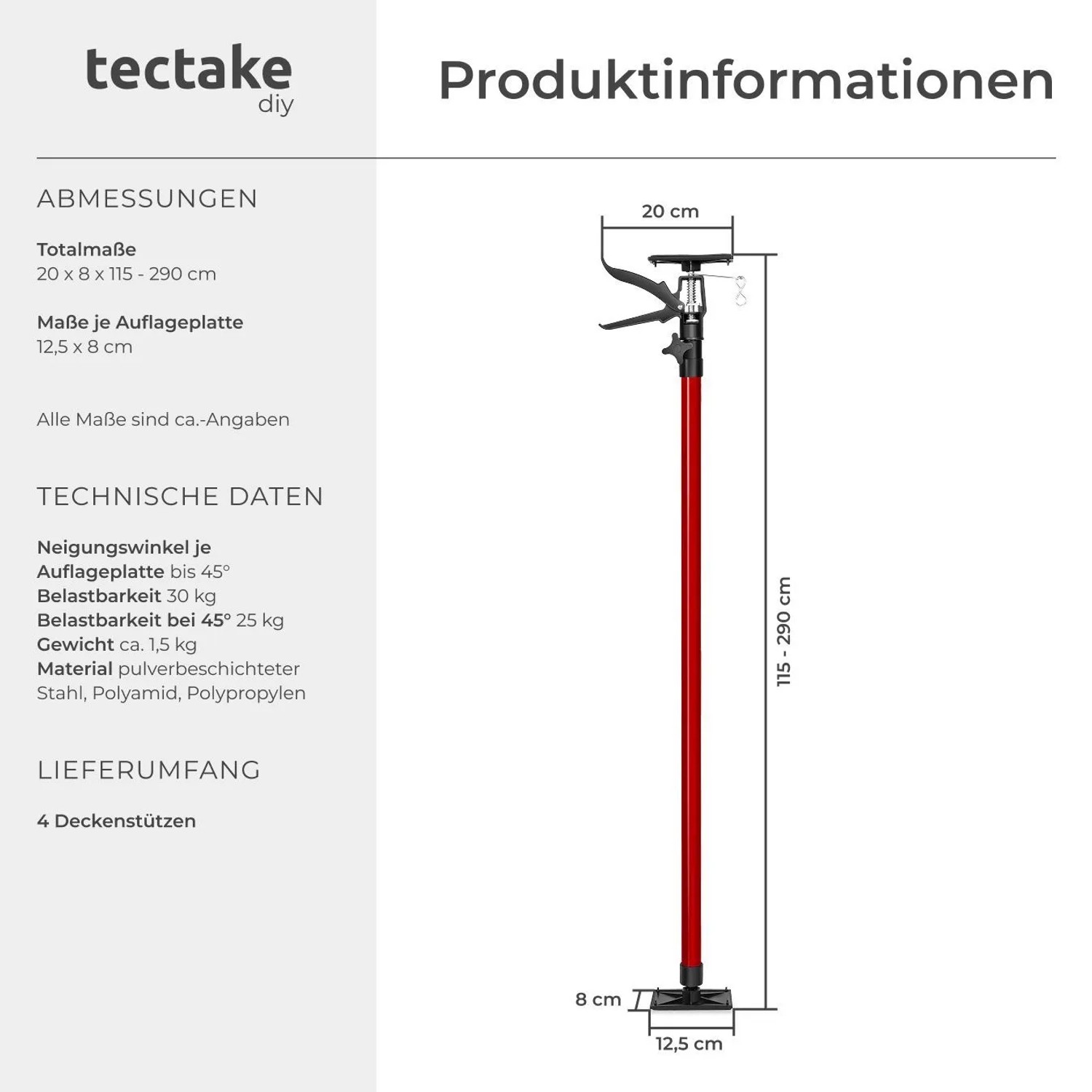 Tectake 4Er Set Teleskopstützen  Stufenlos Höhenverstellbar 115   290 cm  20 x 8 x 115 cm Rot_5