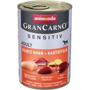 Gran Carno Sensitiv Hunde-Nassfutter mit Huhn und Kartoffel, 400g Dose.