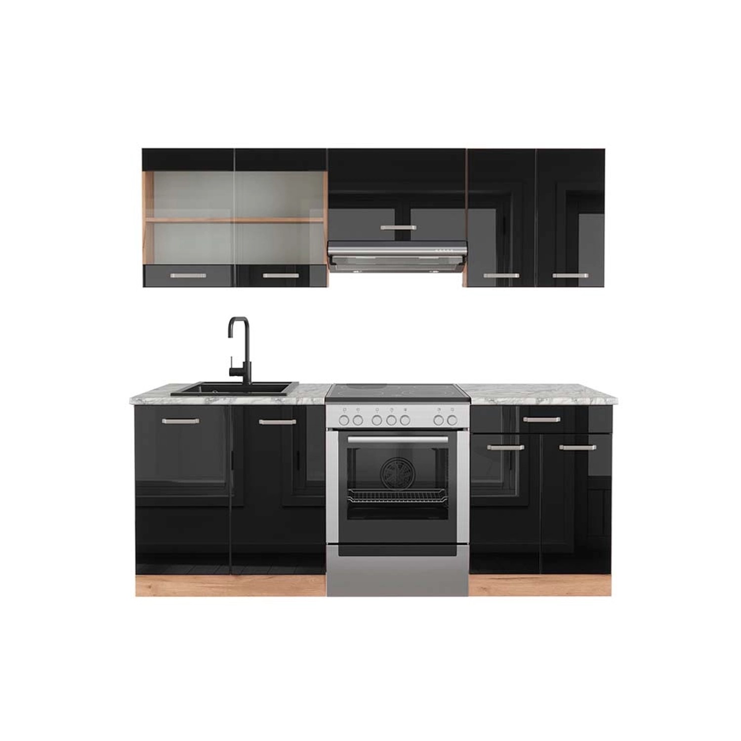 Vicco R-Line Küchenzeile Schwarz Hochglanz/Goldkraft Eiche 200 cm AP Marmor günstig online kaufen