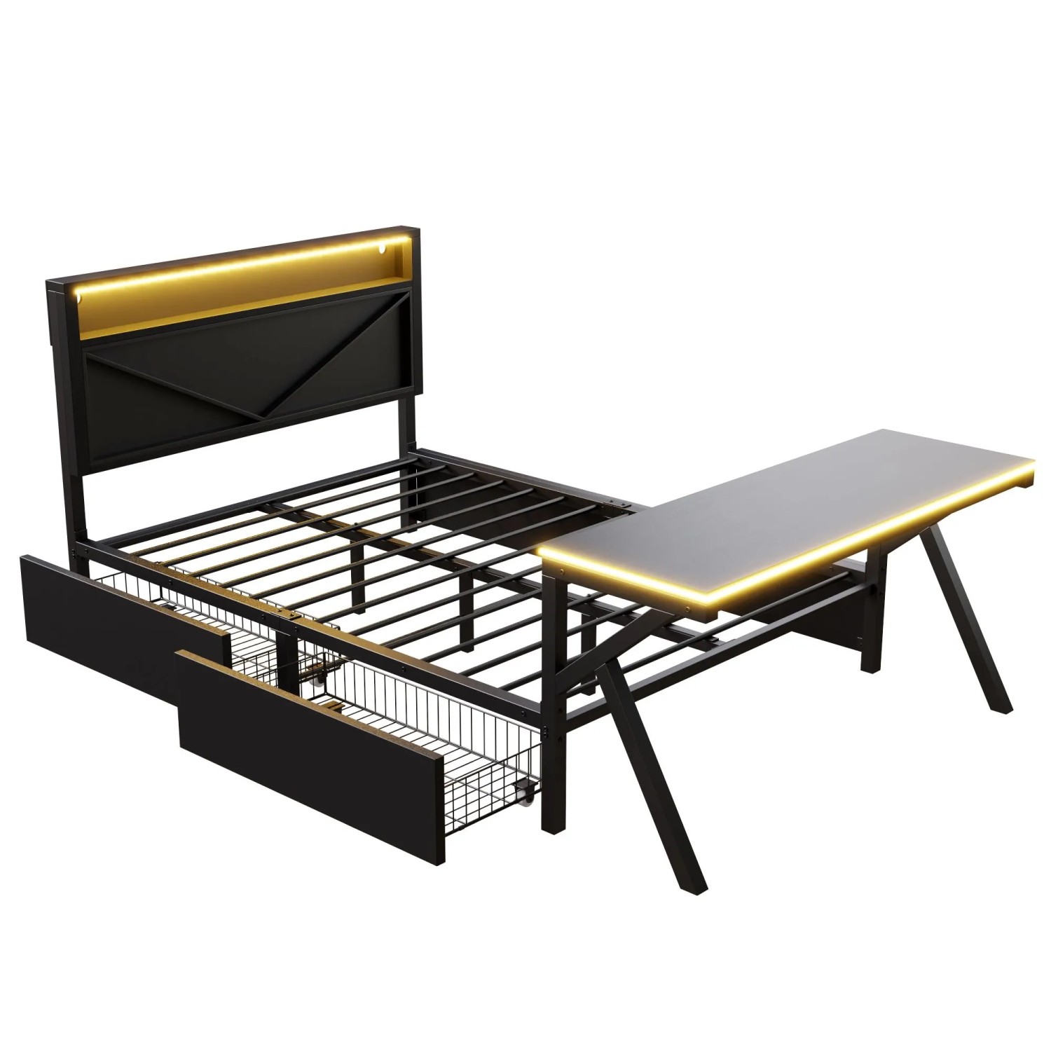 Merax Gaming Metall Plattformbett 140x200 cm Mit LED Kopfteil Schreibtisch 2 Schubladen Schwarz