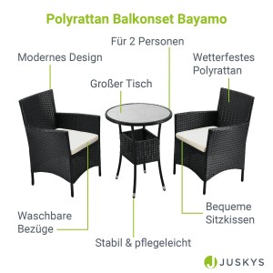 Schwarzes Polyrattan Balkonmöbel Set Bayamo mit Tisch und 2 Stühlen, beige Kissen.