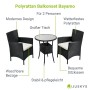 Schwarzes Polyrattan Balkonmöbel Set Bayamo mit Tisch und 2 Stühlen, beige Kissen.